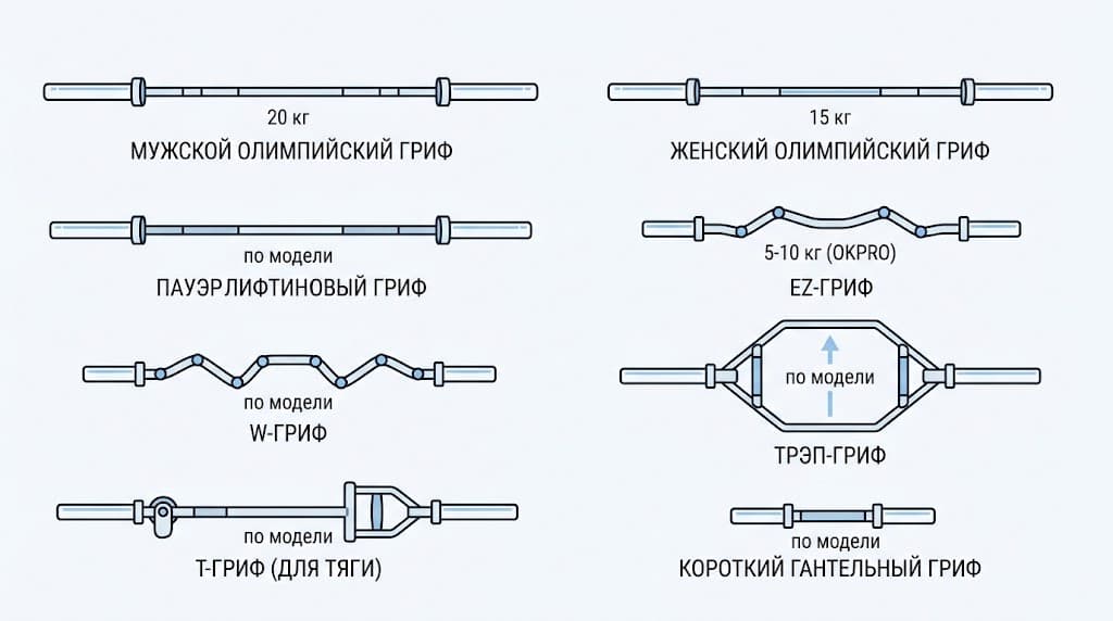 Сетка видов грифов (4×2) Сравнение видов грифов для штанги: олимпийские, пауэрлифтинговый, EZ, W, трэп, Т-гриф и гантельный