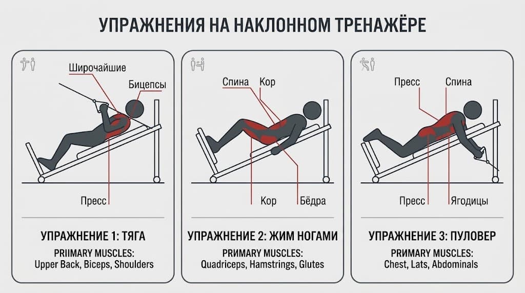 Схема упражнений на Total Gym с указанием задействованных групп мышц Схема упражнений на Total Gym с указанием задействованных групп мышц