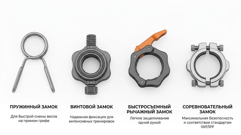 Каталог замков для грифа Виды замков для грифа: пружинный, винтовой, быстросъемный и соревновательный