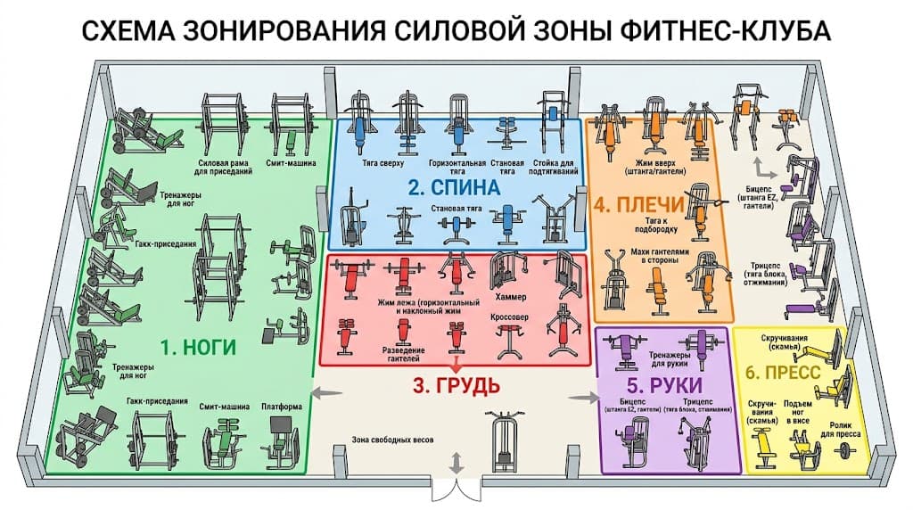 Схема зонирования тренажерного зала Схема зонирования тренажерного зала